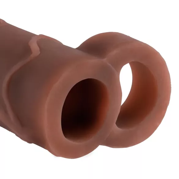 Pipedream X-Tension Perfect 2 - ribbed penis sleeve with testicle ring - dark natural (19 cm)
