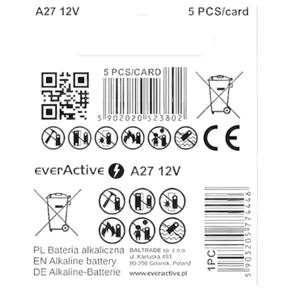 12V battery (27A, MN27) for remote controls (1 pc)