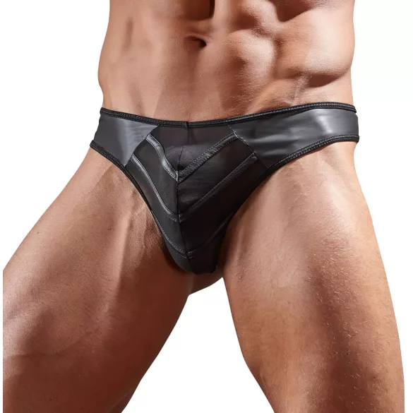 Shiny Men's Thong with Sheer Insert (Black) - M