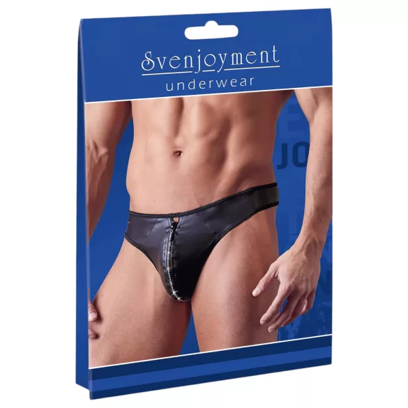 Svenjoyment - Shiny Men's Thong with Rhinestone Zipper (Black) - L