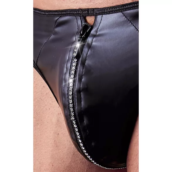Svenjoyment - Shiny Men's Thong with Rhinestone Zipper (Black) - XL