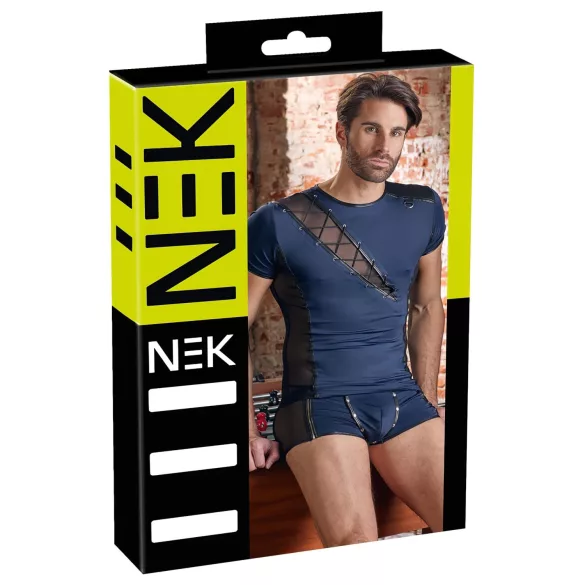 NEK - Men's Black Lace-Up Top with Fishnet Details (Blue) - L