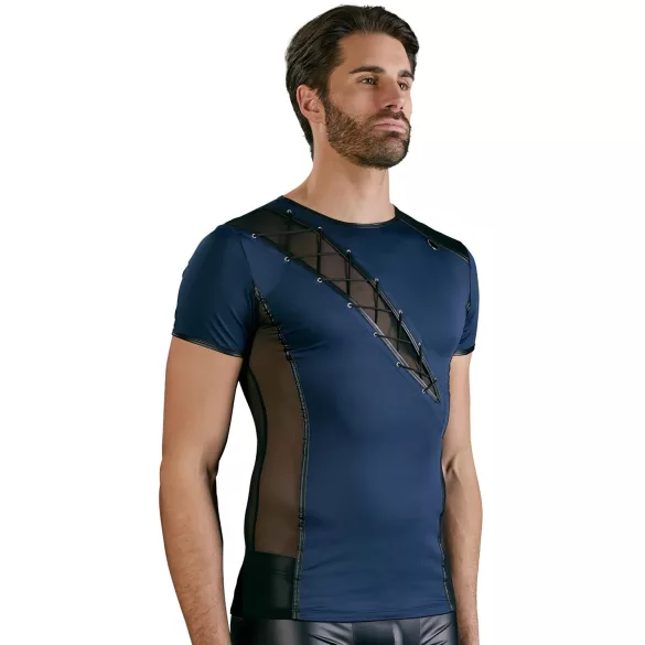 NEK - Men's Black Lace-Up Top with Fishnet Details (Blue) - L