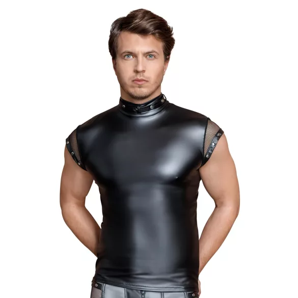 NEK - Men's Black Top with Studs and Fishnet Details - M