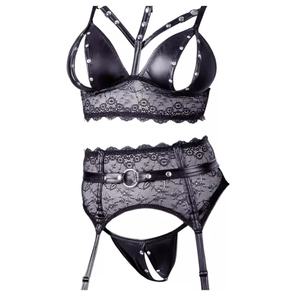 Cottelli Bondage - Lace Lingerie Set with Cuffs (Black) - XL