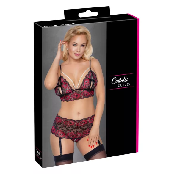 Cottelli Curves - Floral Open Bra Set (Black) - 3XL/4XL