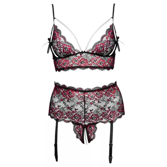 Cottelli Curves - Floral Open Bra Set (Black) - 3XL/4XL