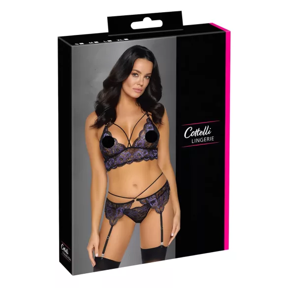 Cottelli - 3-Piece Lace Lingerie Set (Black-Violet) - L