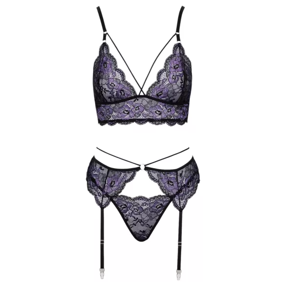 Cottelli - 3-Piece Lace Lingerie Set (Black-Violet) - XL