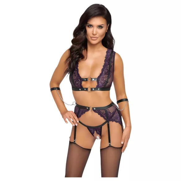 Cottelli Bondage - Lingerie Set with Handcuffs (Black-Purple)