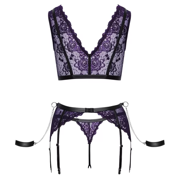 Cottelli Bondage - Lingerie Set with Handcuffs (Black-Purple)