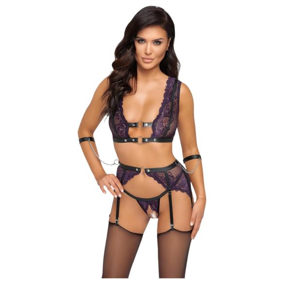Cottelli Bondage - Lingerie Set with Handcuffs (Black-Purple) - M