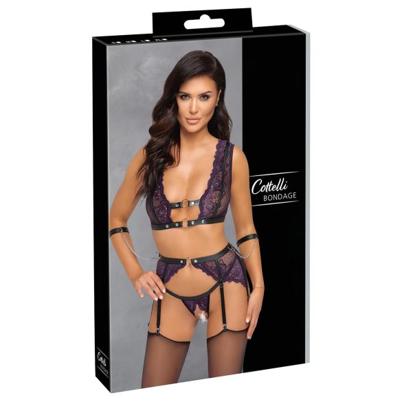 Cottelli Bondage - Lingerie Set with Handcuffs (Black-Purple) - L