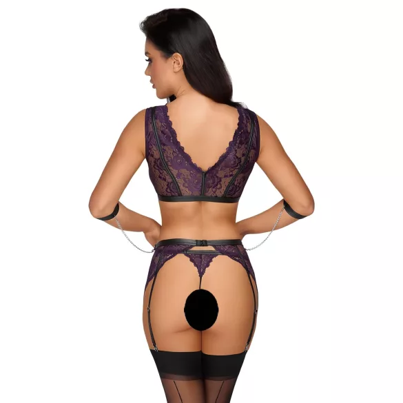 Cottelli Bondage - Lingerie Set with Handcuffs (Black-Purple) - XL