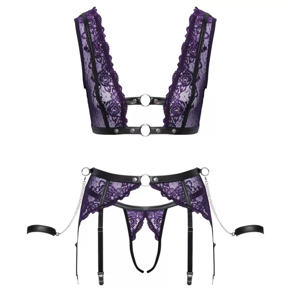 Cottelli Bondage - Lingerie Set with Handcuffs (Black-Purple) - XL