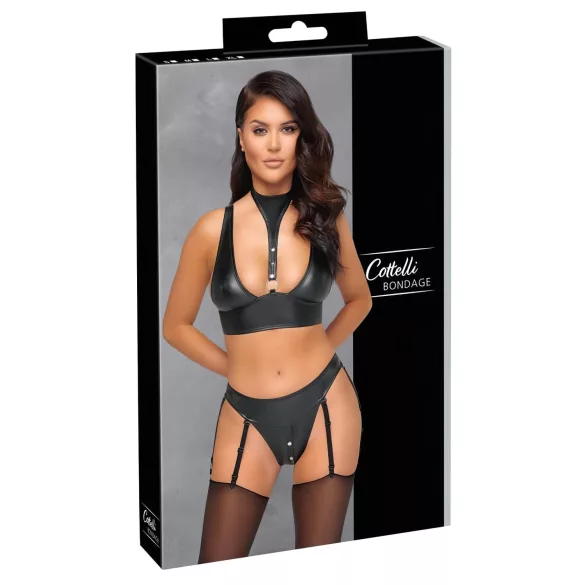 Cottelli Bondage - Shiny Black Bra Set with Cuffs - M