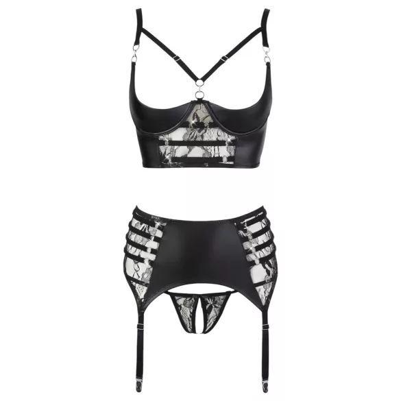 Abierta Fina - Sparkling Strappy Lace Lingerie Set (Black) - 80C/M