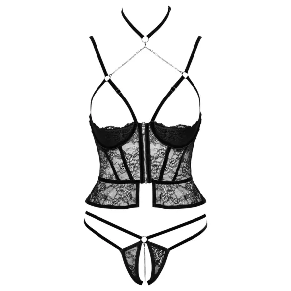 Abierta Fina - open thong and corset (black) - M