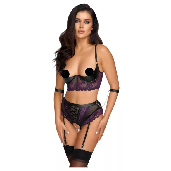 Cottelli Bondage - bra set and arm cuffs (black‑purple)