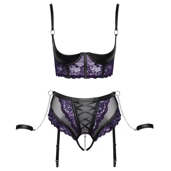 Cottelli Bondage - bra set and arm cuffs (black‑purple)