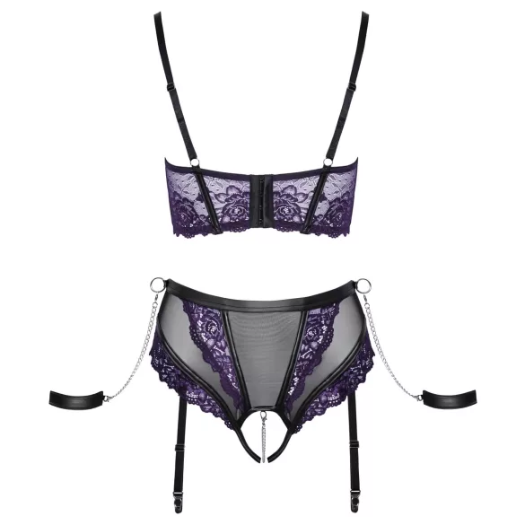 Cottelli Bondage - bra set and arm cuffs (black‑purple)