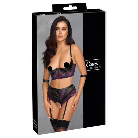 Cottelli Bondage - bra set and arm cuffs (black‑purple)