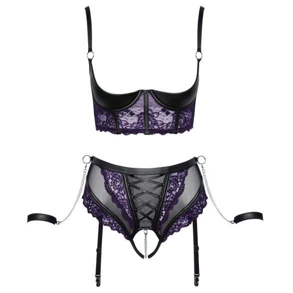 Cottelli Bondage - Bra Set & Wrist Cuffs (Black-Purple) - L