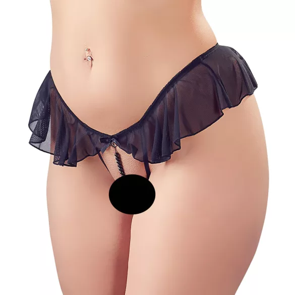 Cottelli - Open Pearl Ruffle Thong (Black) - XL
