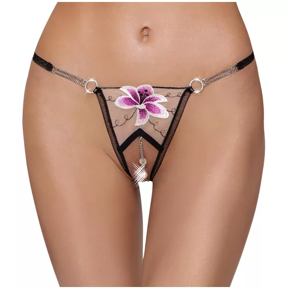 Cottelli - Luxury Embroidered Lily Thong (Black & White) - M/L