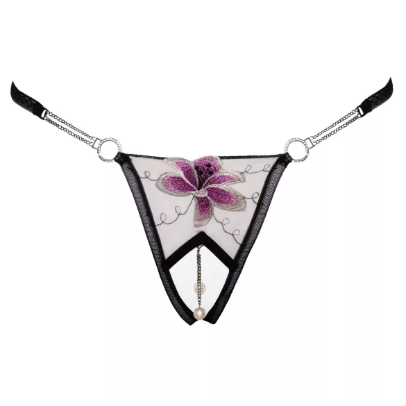 Cottelli - Luxury Embroidered Lily Thong (Black & White) - M/L