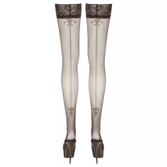 Cottelli - Black Thigh-Highs with Lily Pattern and Stripes - 3