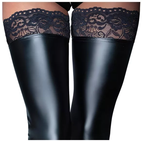 Noir - Lacy Shiny Thigh-High Stockings (Black) - XL