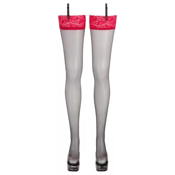 Cottelli - Black Stockings with Red Lace Trim - 4