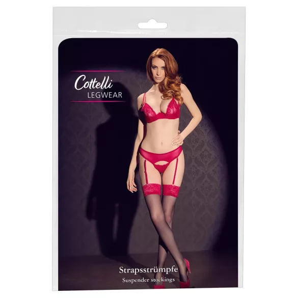 Cottelli - Black Stockings with Red Lace Trim - 5