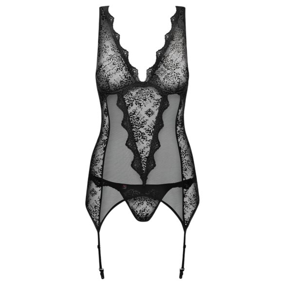 Obsessive Emperita - Delicate Embroidered Top & Thong Set (Black) - L/XL