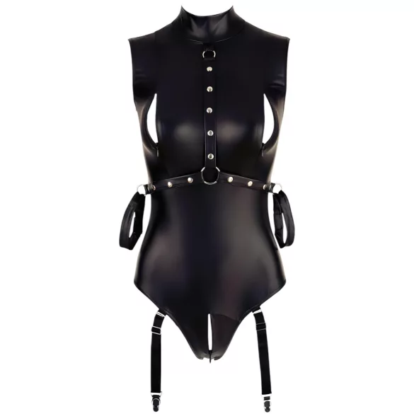 Cottelli Bondage - Shiny Sleeveless Bodysuit with Cuffs (Black) - XL
