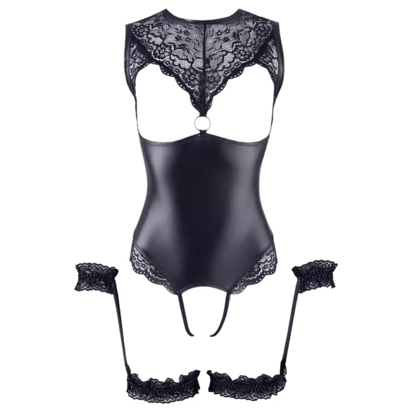 Cottelli Bondage - Shiny Open-Front Bodysuit & Cuffs (Black) - XL