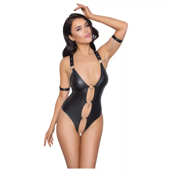 Cottelli Bondage - Shiny Black Open-Front Ringed Bodysuit - M