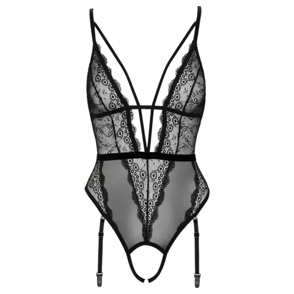 Cottelli - Open Strappy Bodysuit with Garter (Black) - M