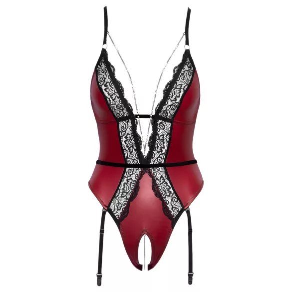 Abierta Fina - Open Bodysuit with Garter (Black-Red)
