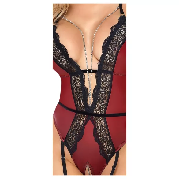 Abierta Fina - Open Bodysuit with Garter (Black-Red) - M