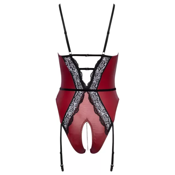 Abierta Fina - Open Bodysuit with Garter (Black-Red) - M