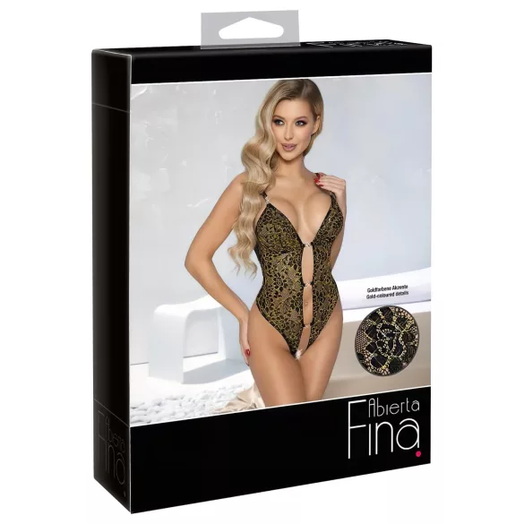 Abierta Fina - Open Lace Bodysuit with Rhinestones (Black)