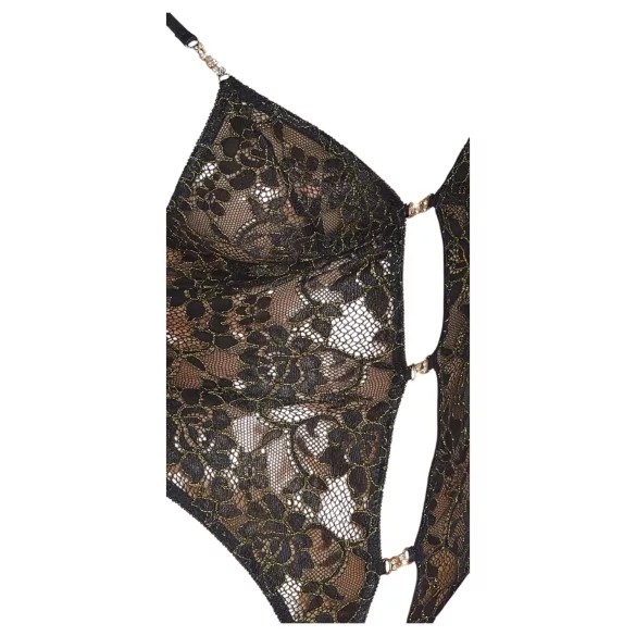 Abierta Fina - Open Lace Bodysuit with Rhinestones (Black) - L