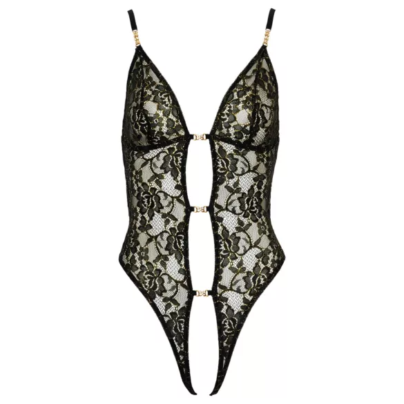 Abierta Fina - Open Lace Bodysuit with Rhinestones (Black) - L