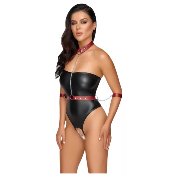 Cottelli Bondage - Shiny Black Bodysuit & Cuffs