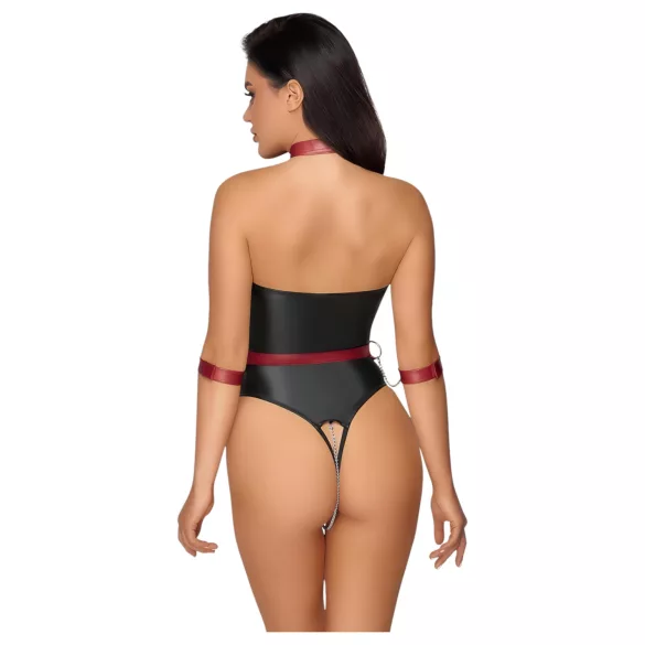 Cottelli Bondage - Shiny Black Bodysuit & Cuffs - M