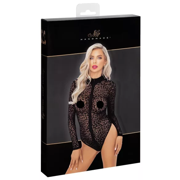 Noir - Leopard Print Long-Sleeve Bodysuit (Black) - M