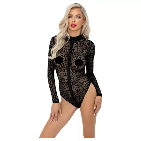 Noir - Leopard Print Long-Sleeve Bodysuit (Black) - M