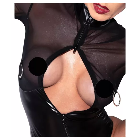 Noir - Glossy Bodysuit with Sheer Insets (Black)